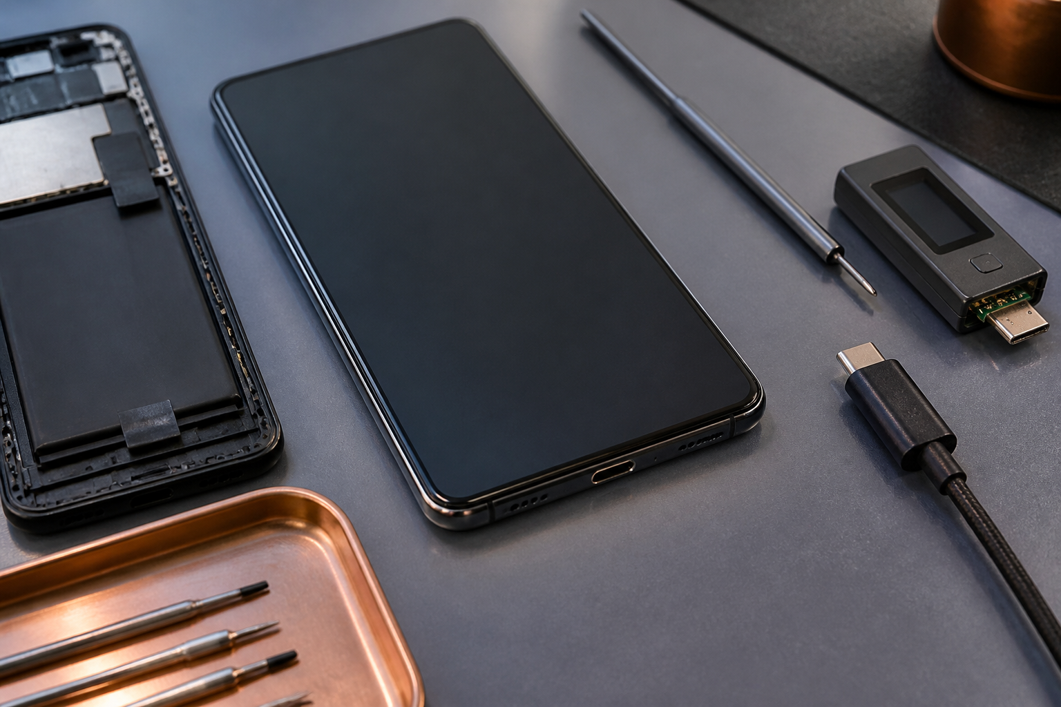 OPPO Reno 13 F 5G en el centro con cable USB-C ilustrando diagnóstico de batería o conector