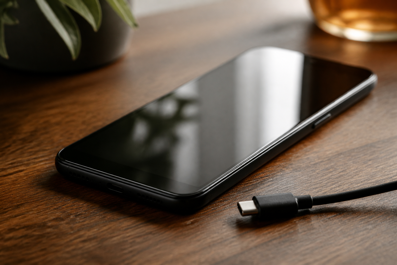 OPPO Reno 13 F 5G sobre una mesa con cable USB-C y batería baja