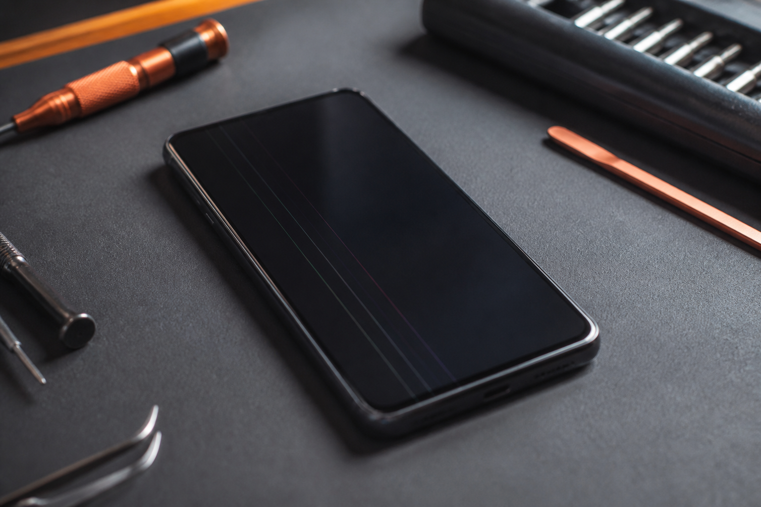 Pantalla de OPPO Reno 13 F 5G con líneas sobre esterilla de reparación