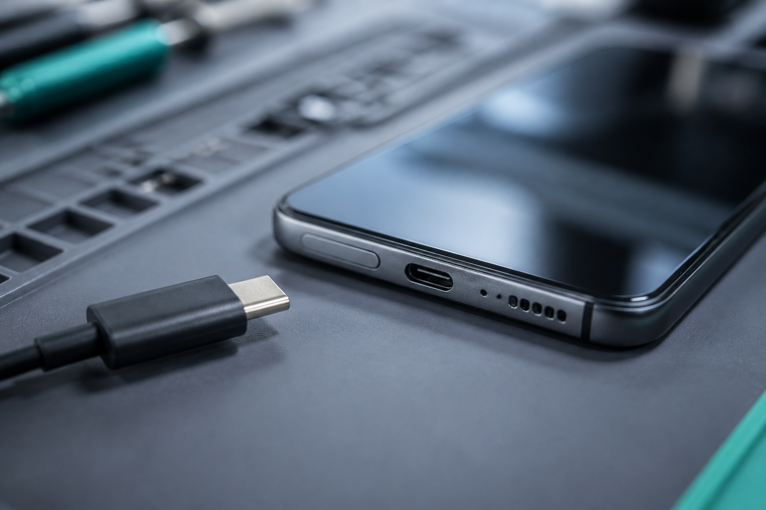 Detalle del puerto USB-C de un OPPO Reno 13 F 5G con cable de carga