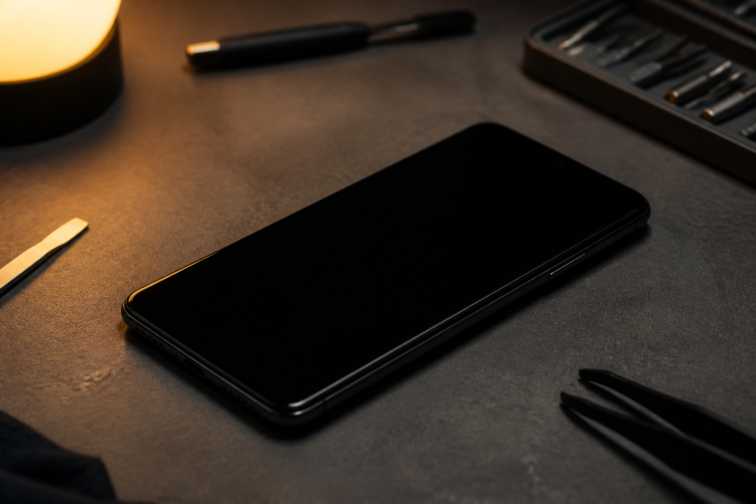 Persona sosteniendo un OPPO Reno 13 F 5G con la pantalla completamente negra