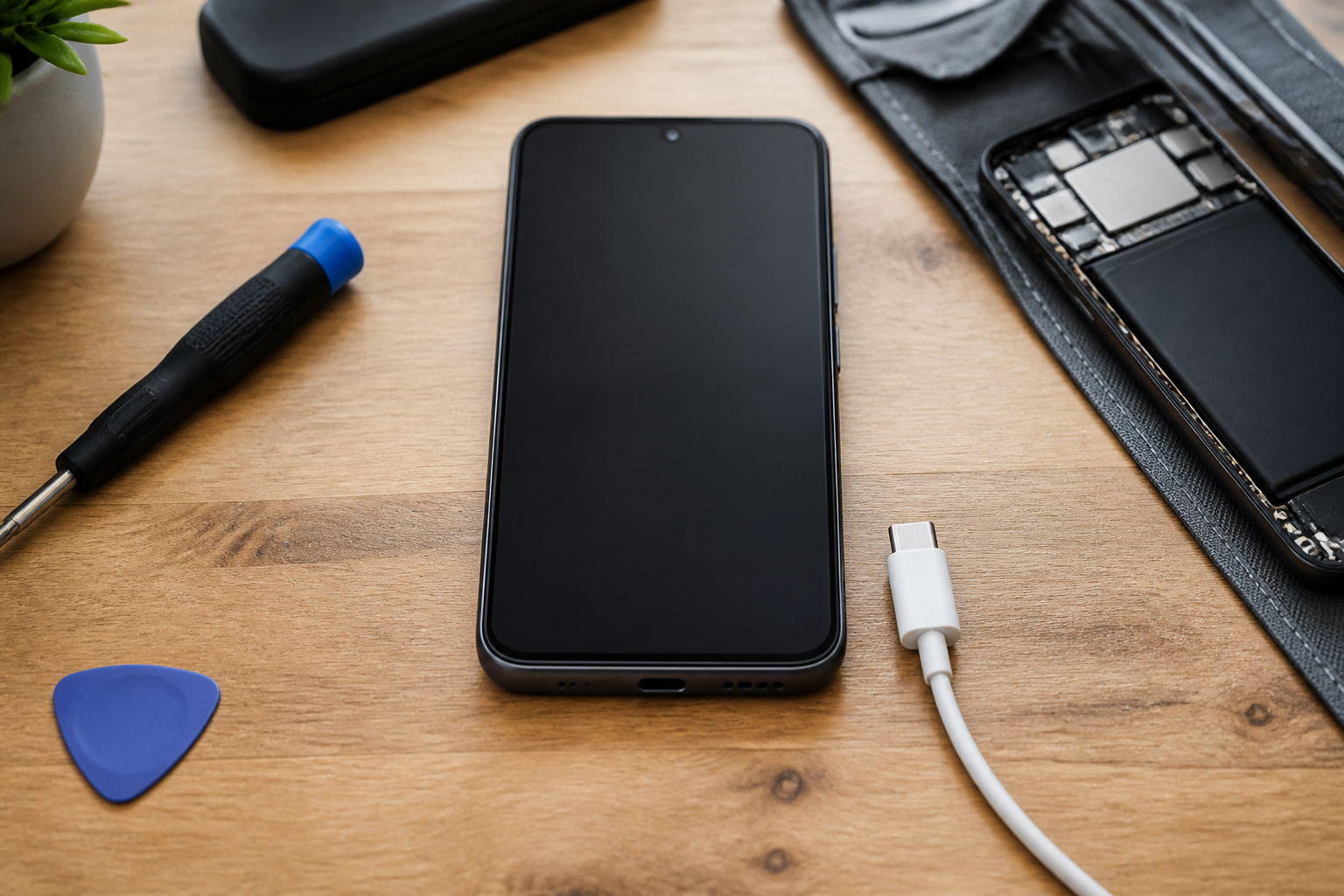 Pixel 10a en el centro con cable USB-C ilustrando diagnóstico de batería o conector