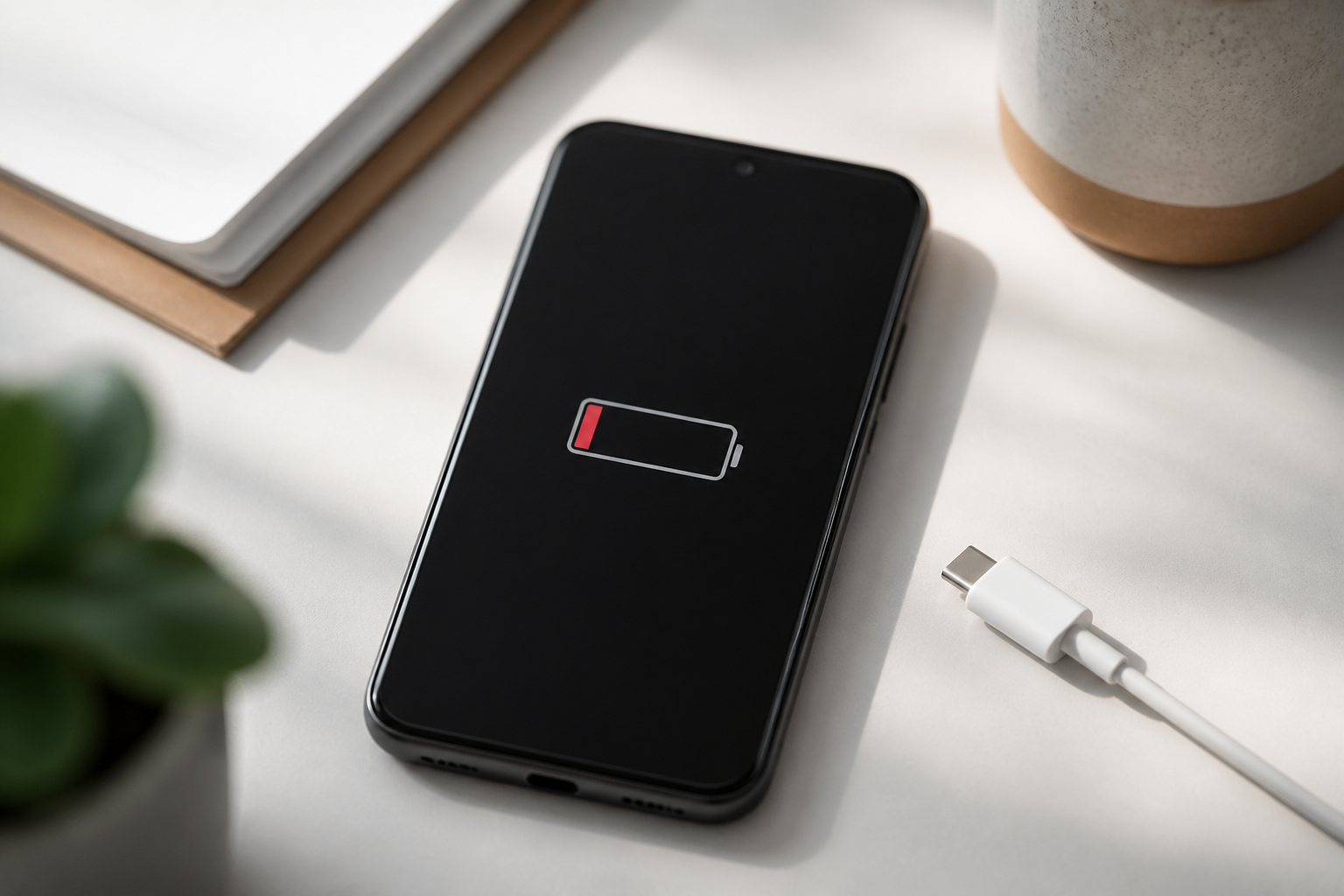Google Pixel 10a sobre una mesa con cable USB-C y batería baja