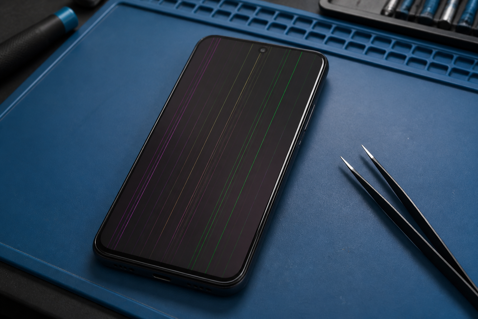 Pantalla de Pixel 10a con líneas sobre esterilla de reparación
