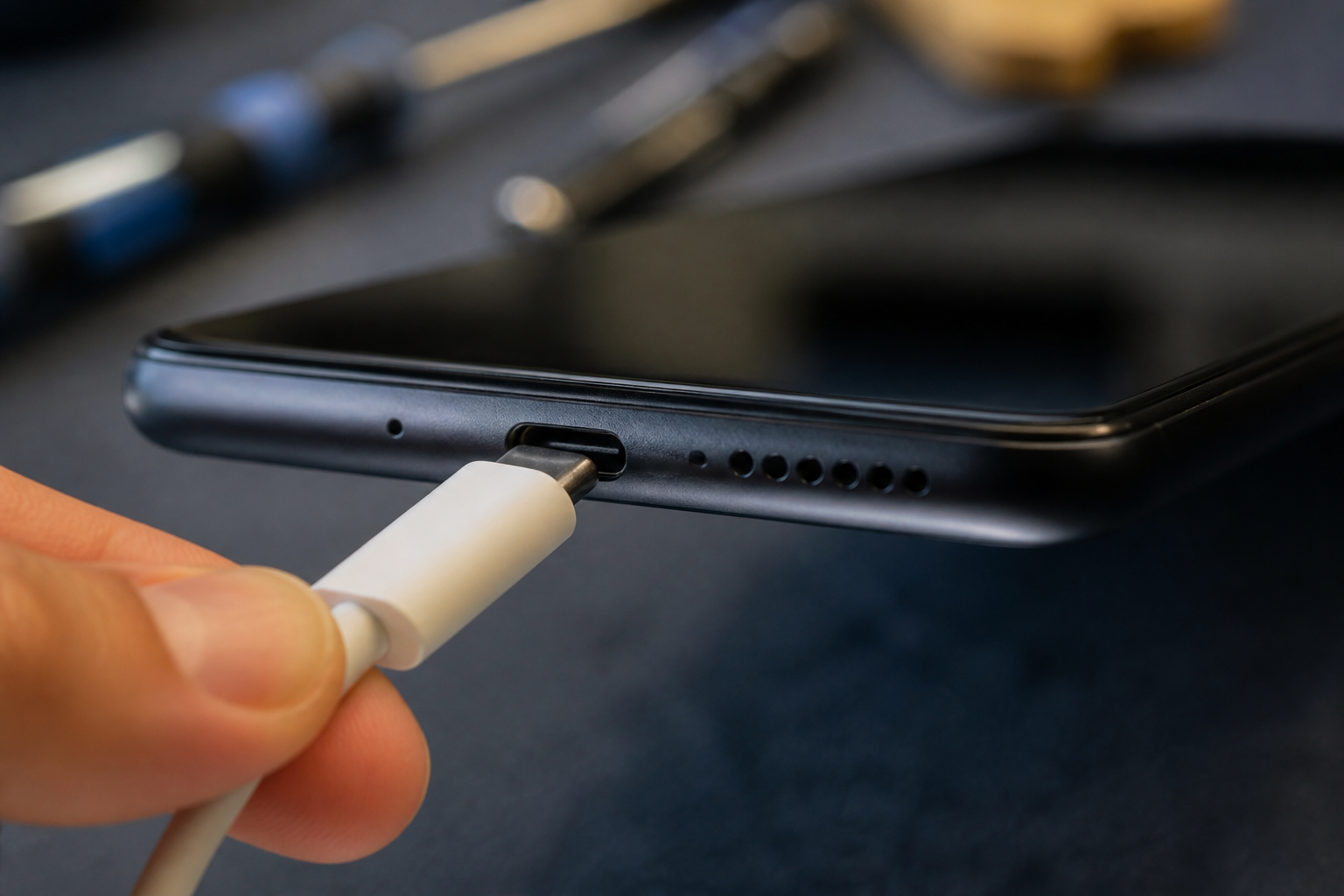 Detalle del puerto USB-C de un Pixel 10a con cable de carga