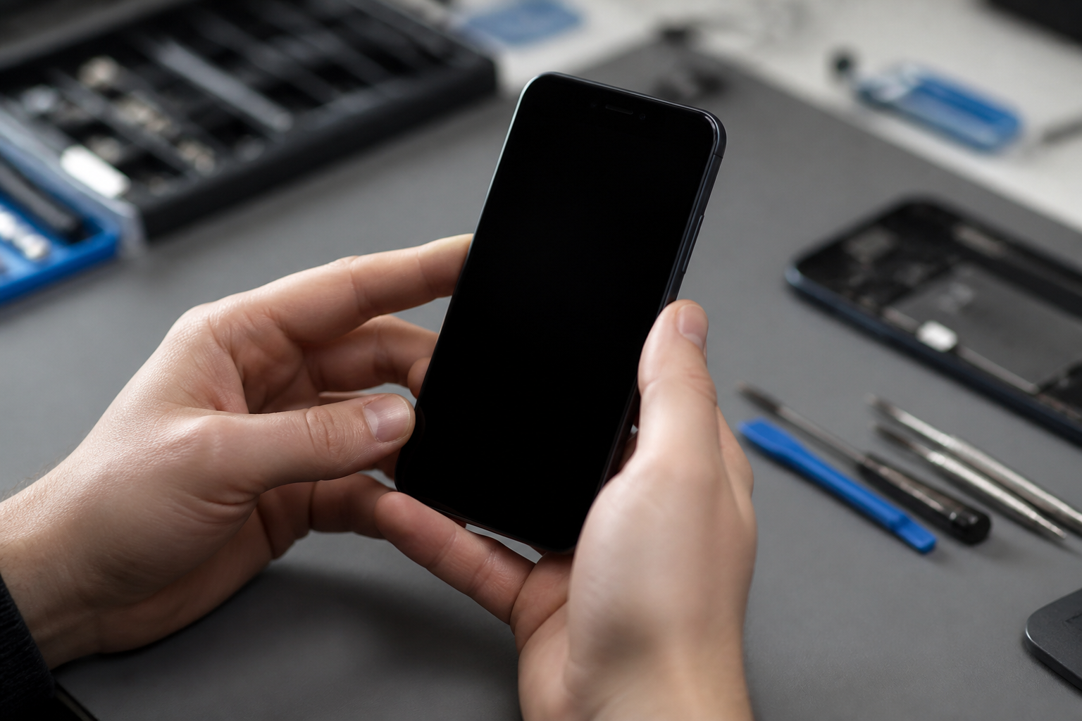 Persona sosteniendo un Pixel 10a con la pantalla completamente negra
