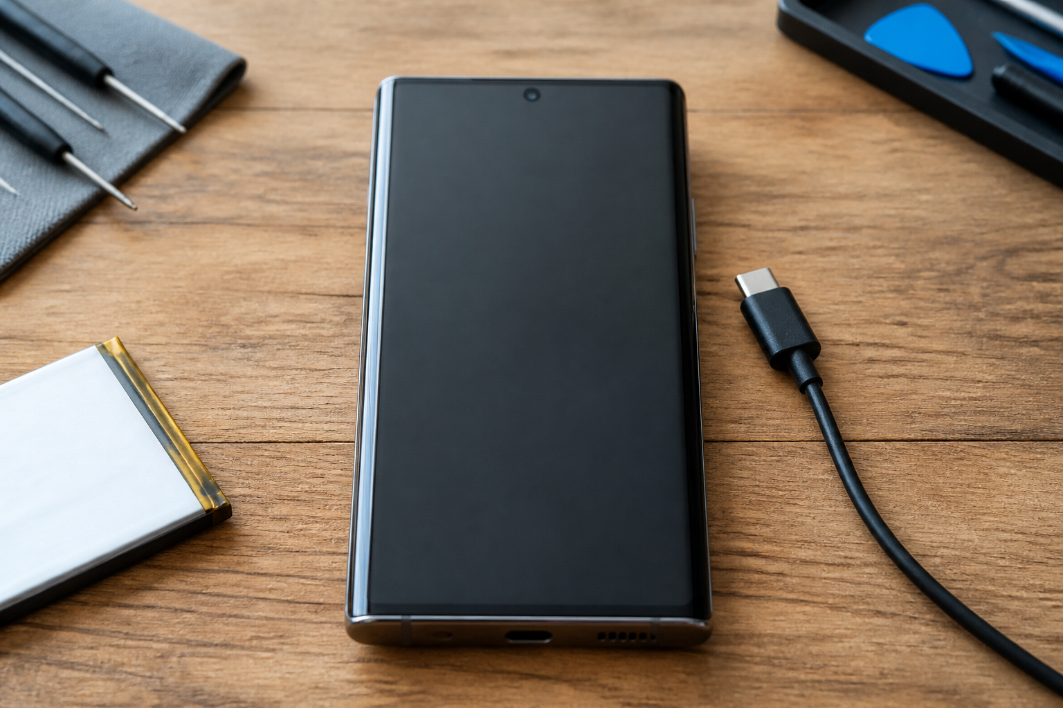 Pixel 10 Pro XL en el centro con cable USB-C ilustrando diagnóstico de batería o conector