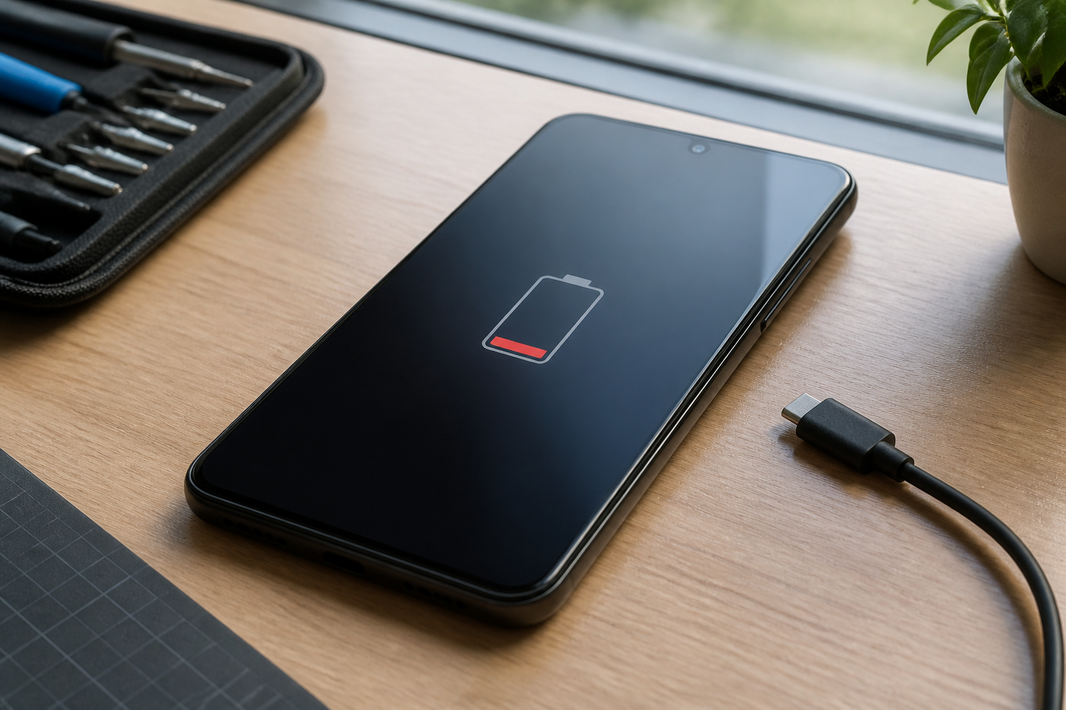 Google Pixel 10 Pro XL sobre una mesa con cable USB-C y batería baja