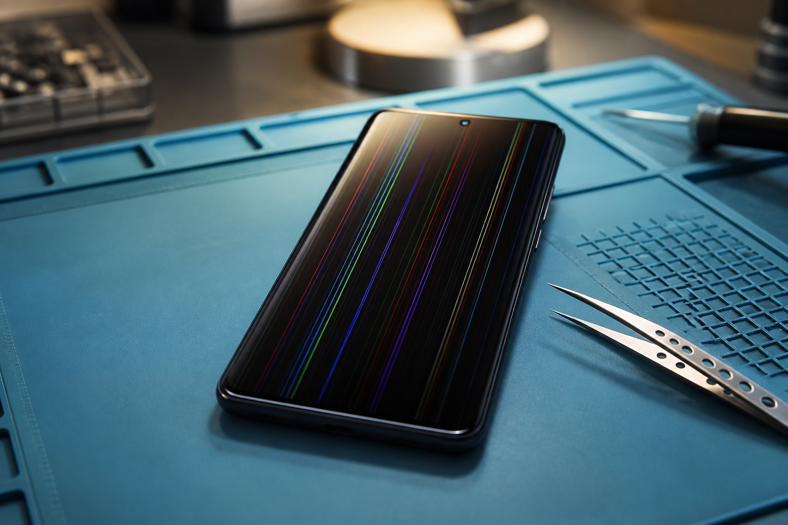 Pantalla de Pixel 10 Pro XL con líneas sobre esterilla de reparación