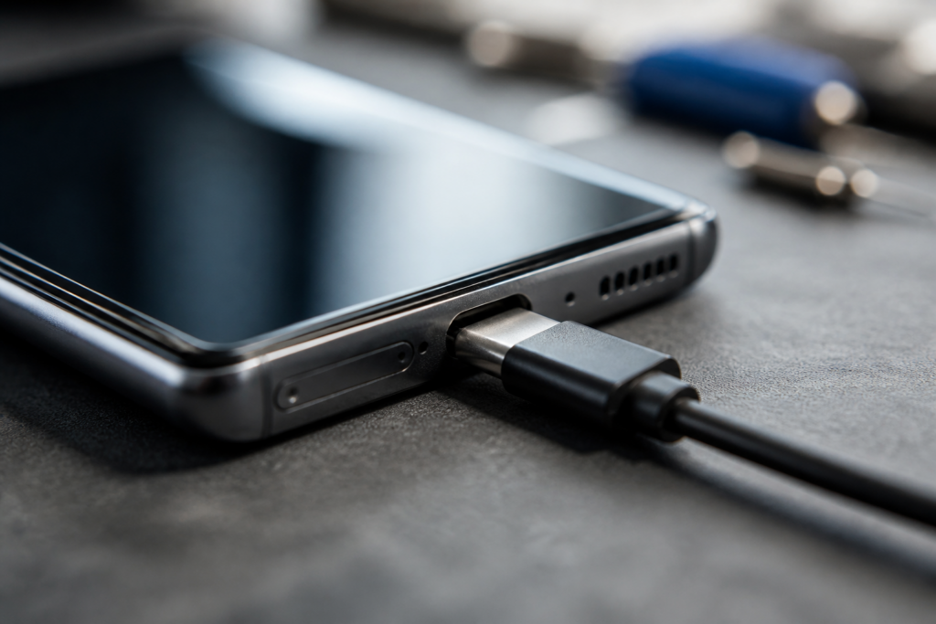 Detalle del puerto USB-C de un Pixel 10 Pro XL con cable de carga