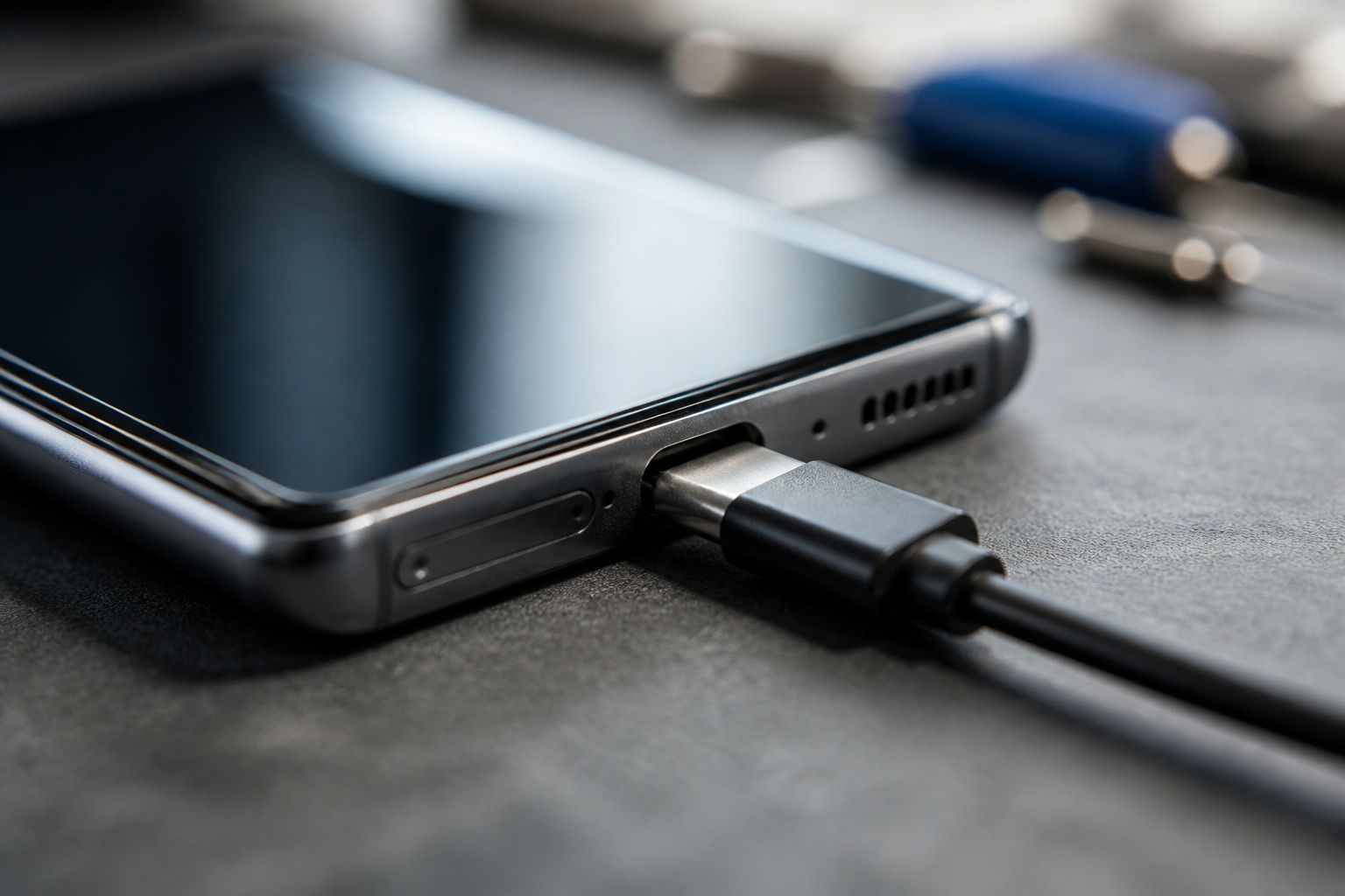 Detalle del puerto USB-C de un Pixel 10 Pro XL con cable de carga