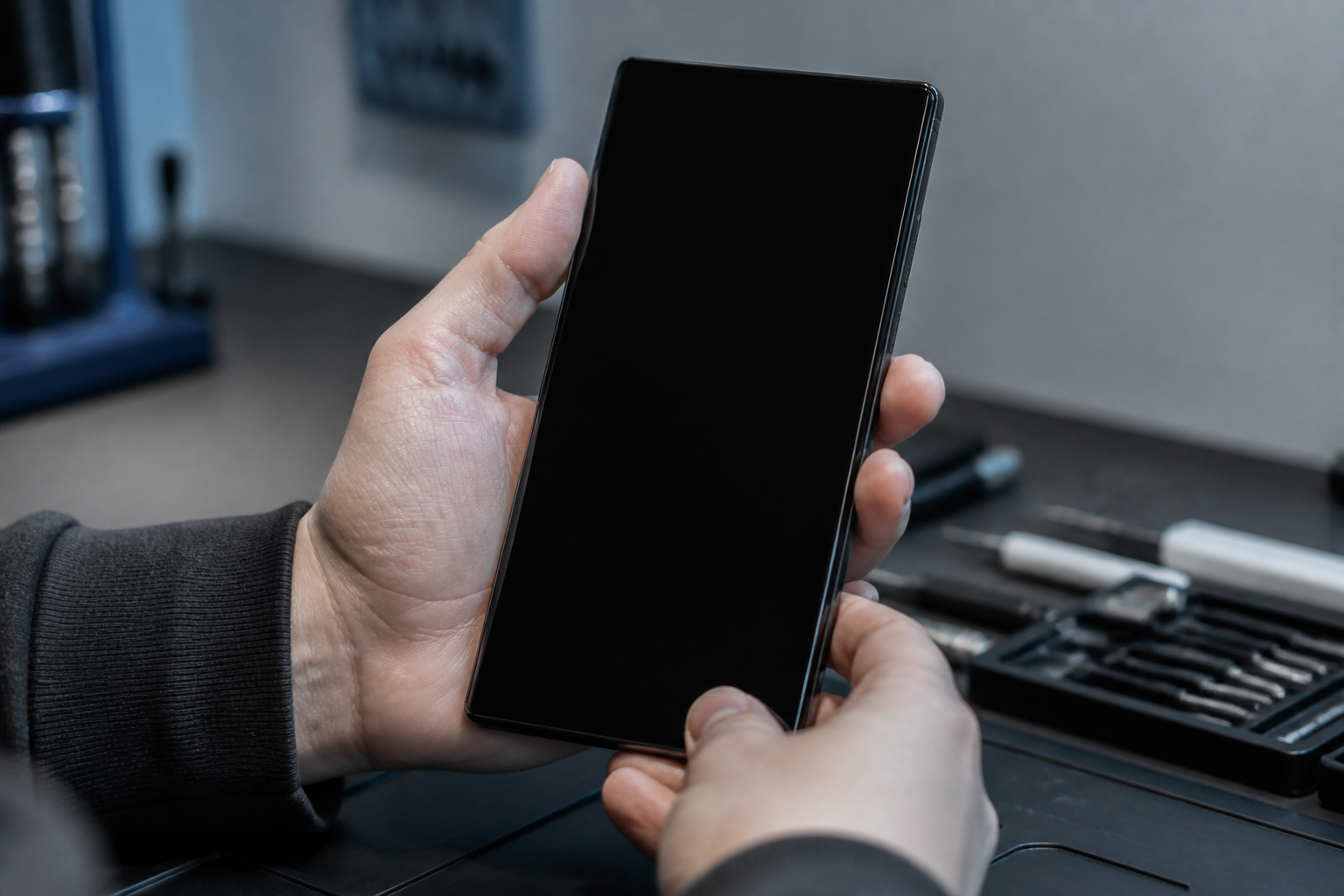 Persona sosteniendo un Pixel 10 Pro XL con la pantalla completamente negra