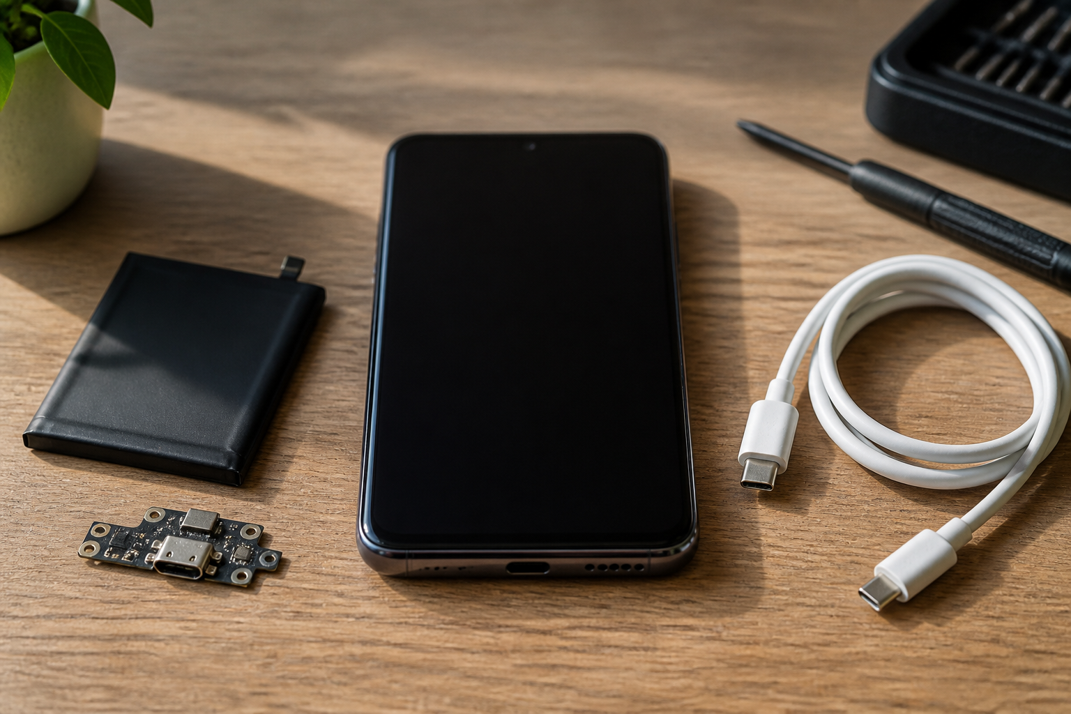 Pixel 8 en el centro con cable USB-C ilustrando diagnóstico de batería o conector