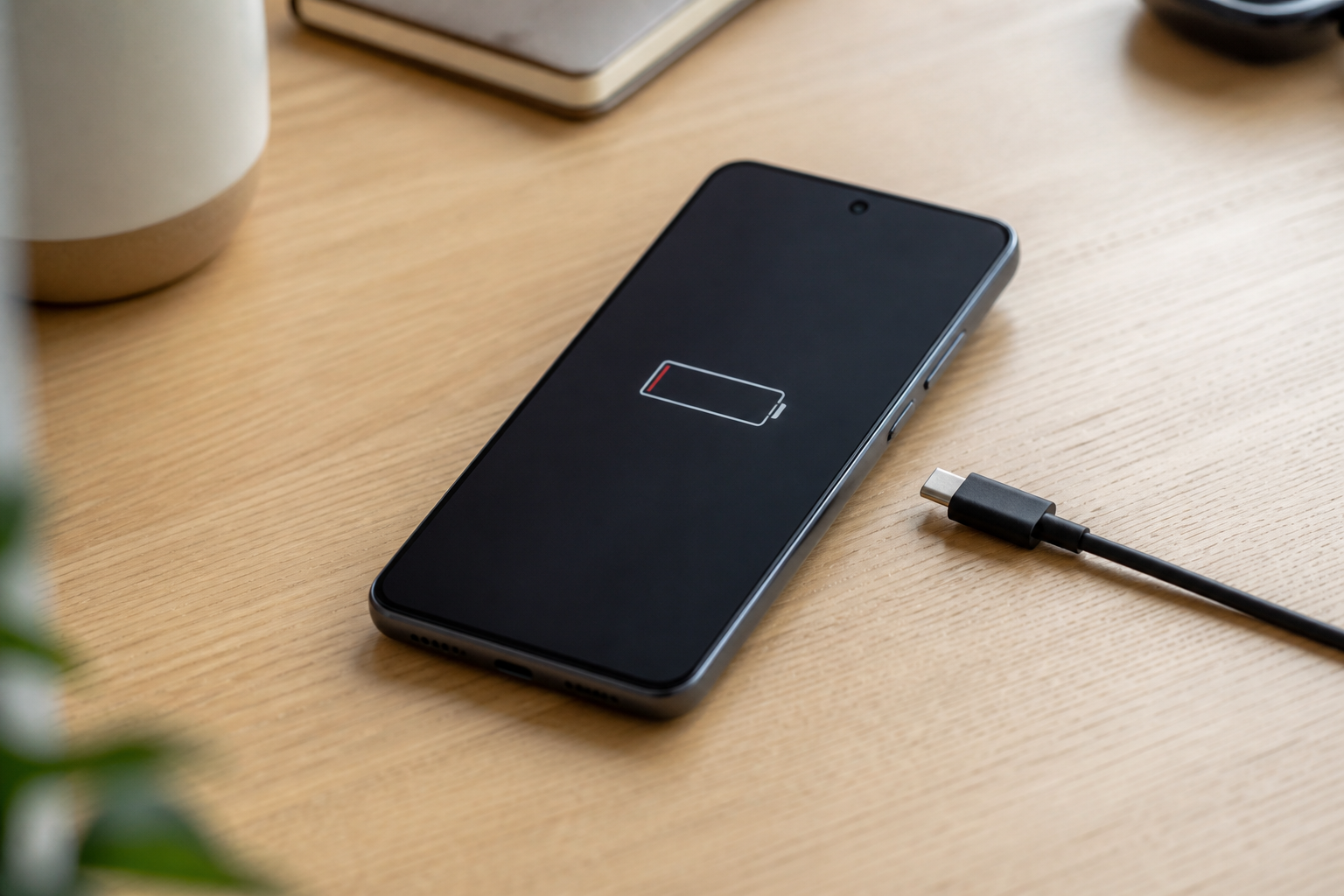Google Pixel 8 sobre una mesa con cable USB-C y batería baja