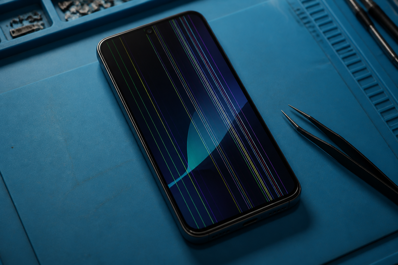 Pantalla de Pixel 8 con líneas sobre esterilla de reparación