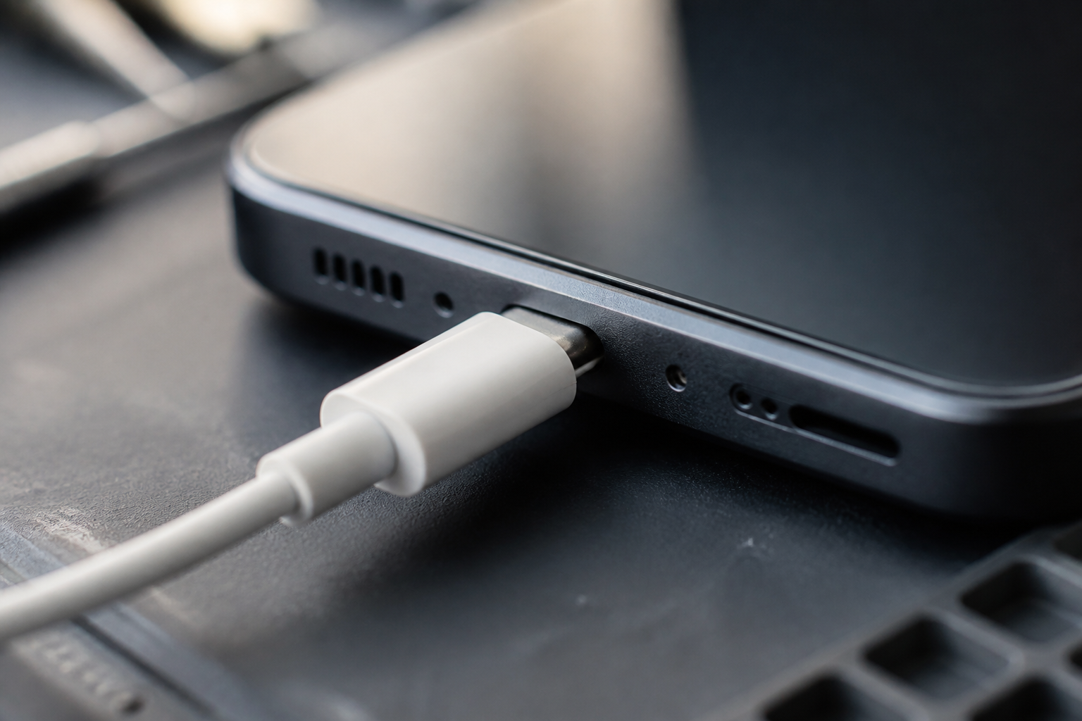 Detalle del puerto USB-C de un Pixel 8 con cable de carga