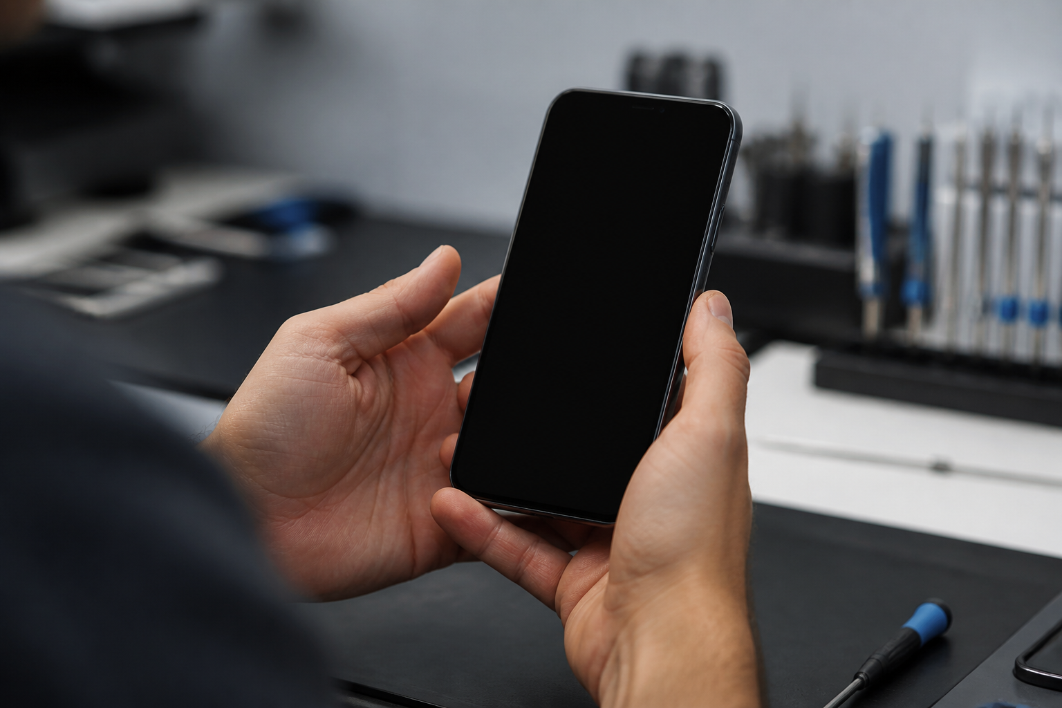 Persona sosteniendo un Pixel 8 con la pantalla completamente negra