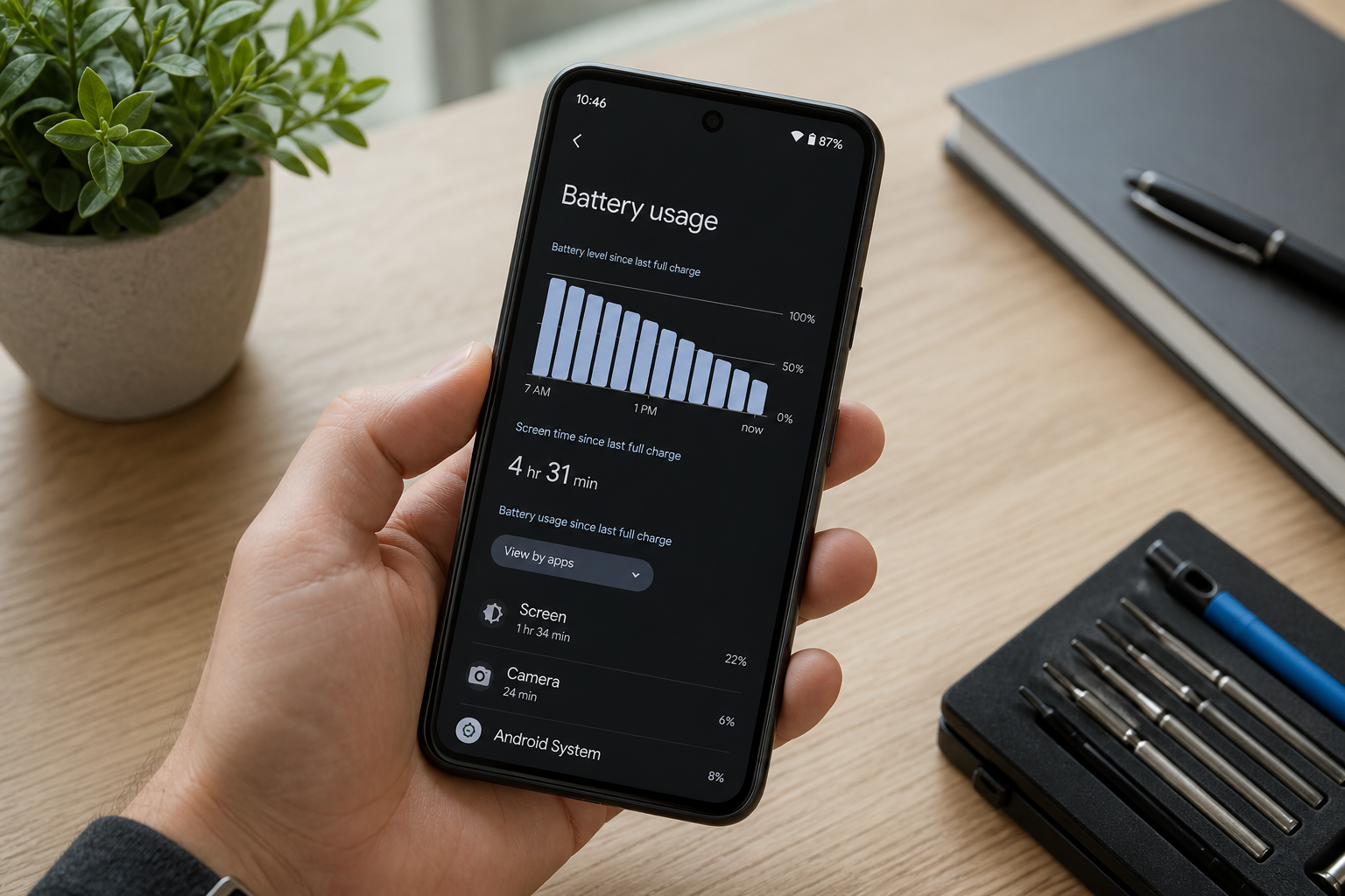 Pantalla de Pixel 8 mostrando el uso de la batería en Android