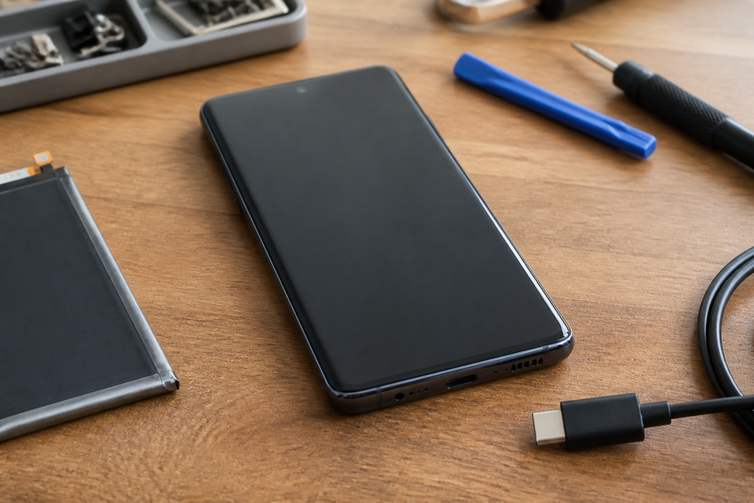 Pixel 9 Pro en el centro con cable USB-C ilustrando diagnóstico de batería o conector
