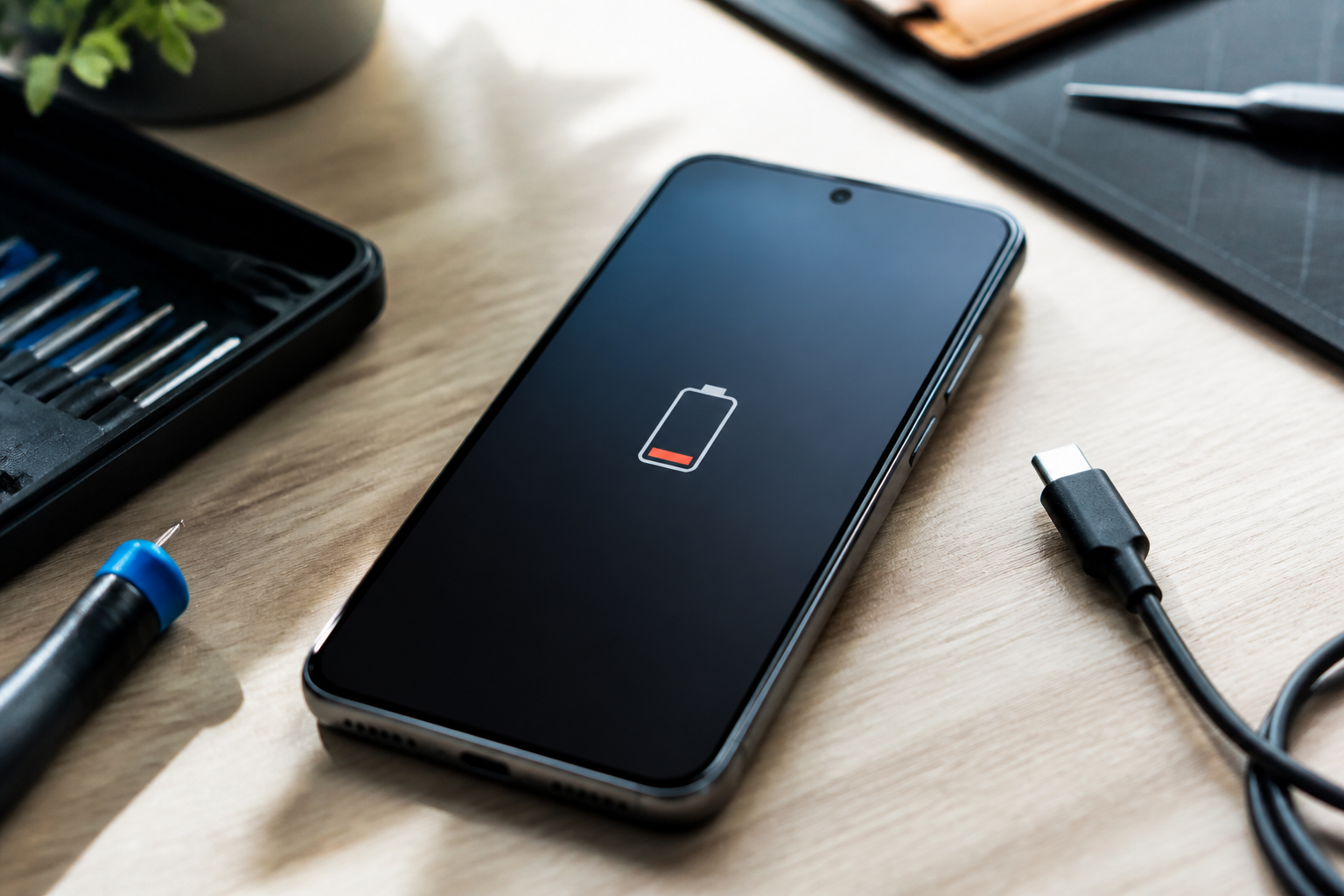 Google Pixel 9 Pro sobre una mesa con cable USB-C y batería baja