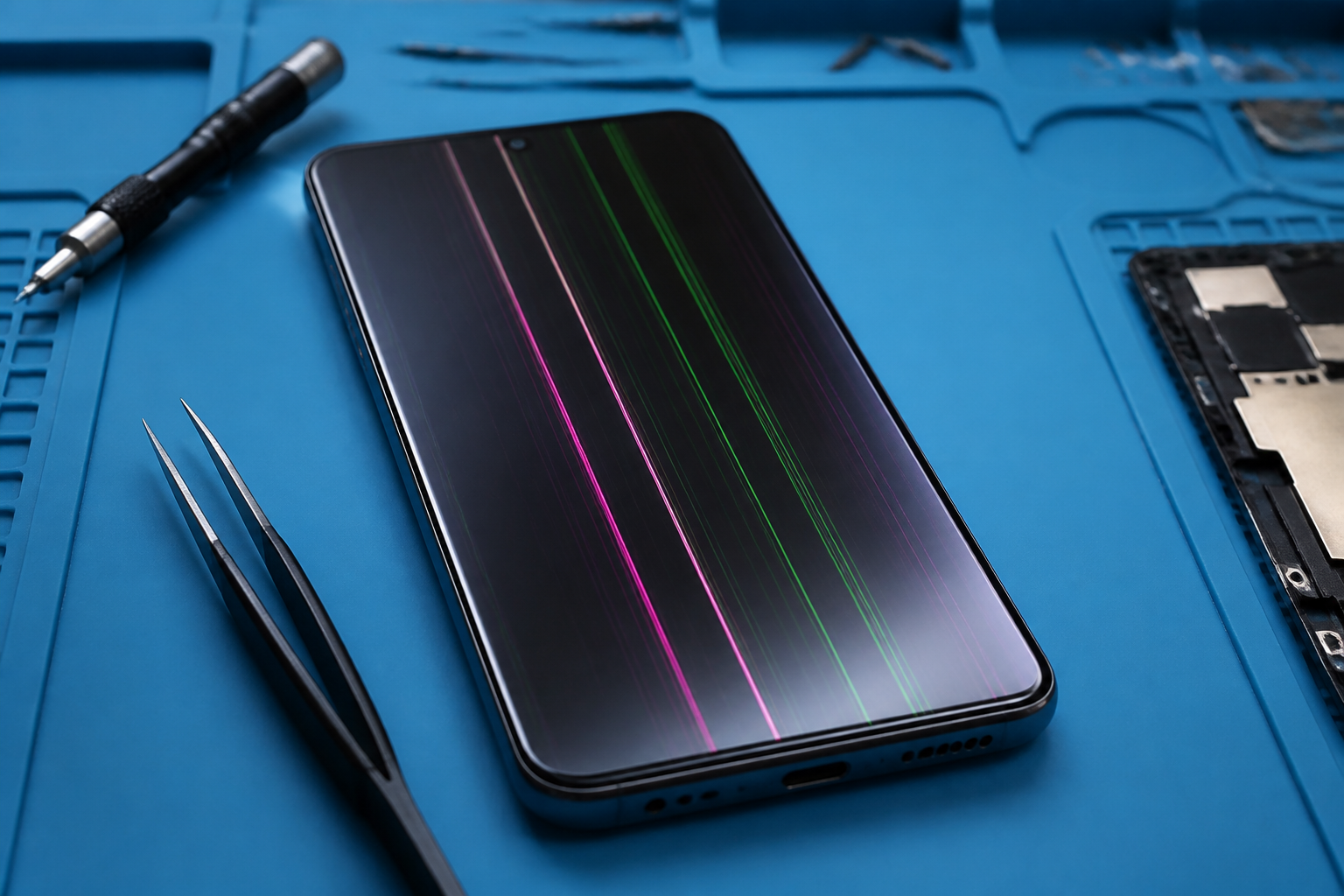 Pantalla de Pixel 9 Pro con líneas sobre esterilla de reparación