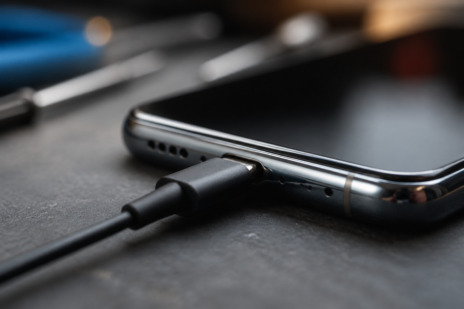 Detalle del puerto USB-C de un Pixel 9 Pro con cable de carga