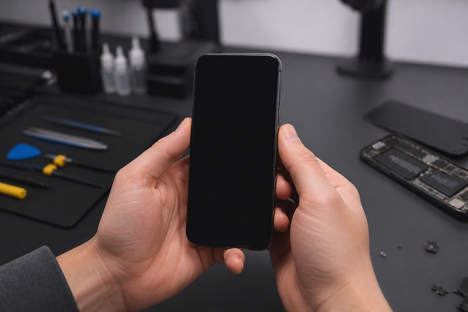 Persona sosteniendo un Pixel 9 Pro con la pantalla completamente negra