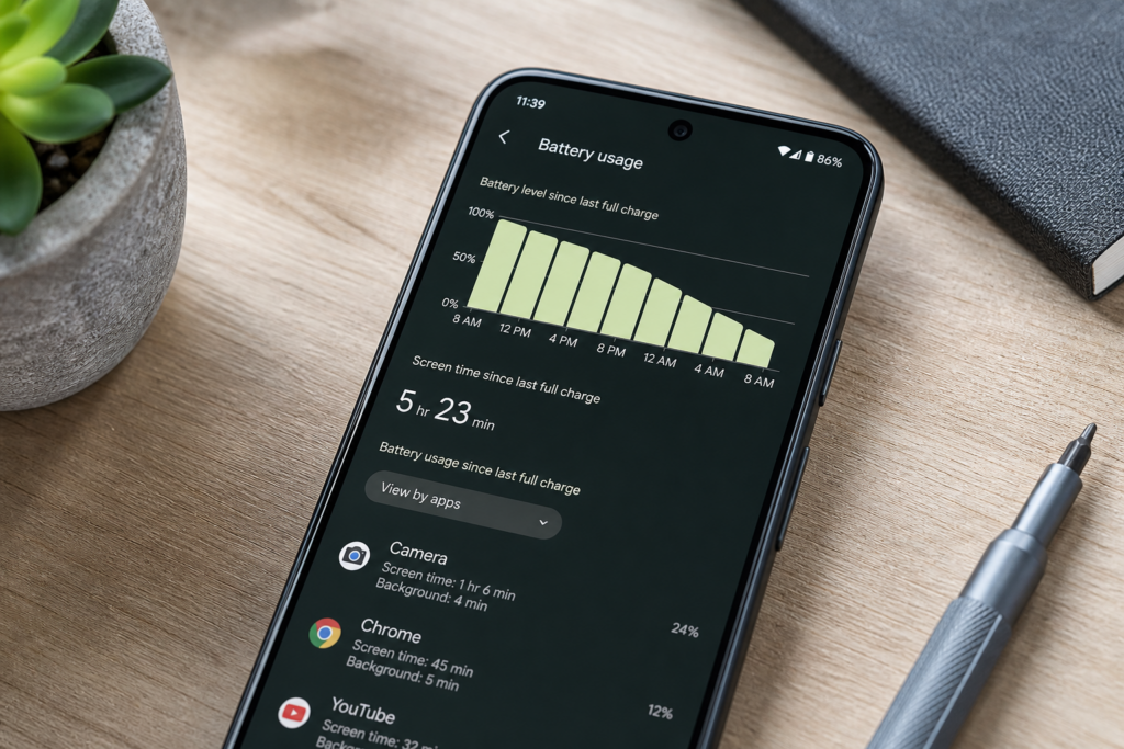 Pantalla de Pixel 9 Pro mostrando el uso de la batería en Android