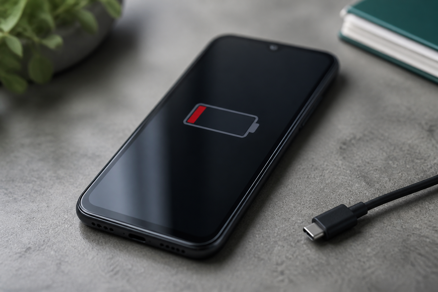 Redmi 15 5G sobre una mesa con cable USB-C y batería baja