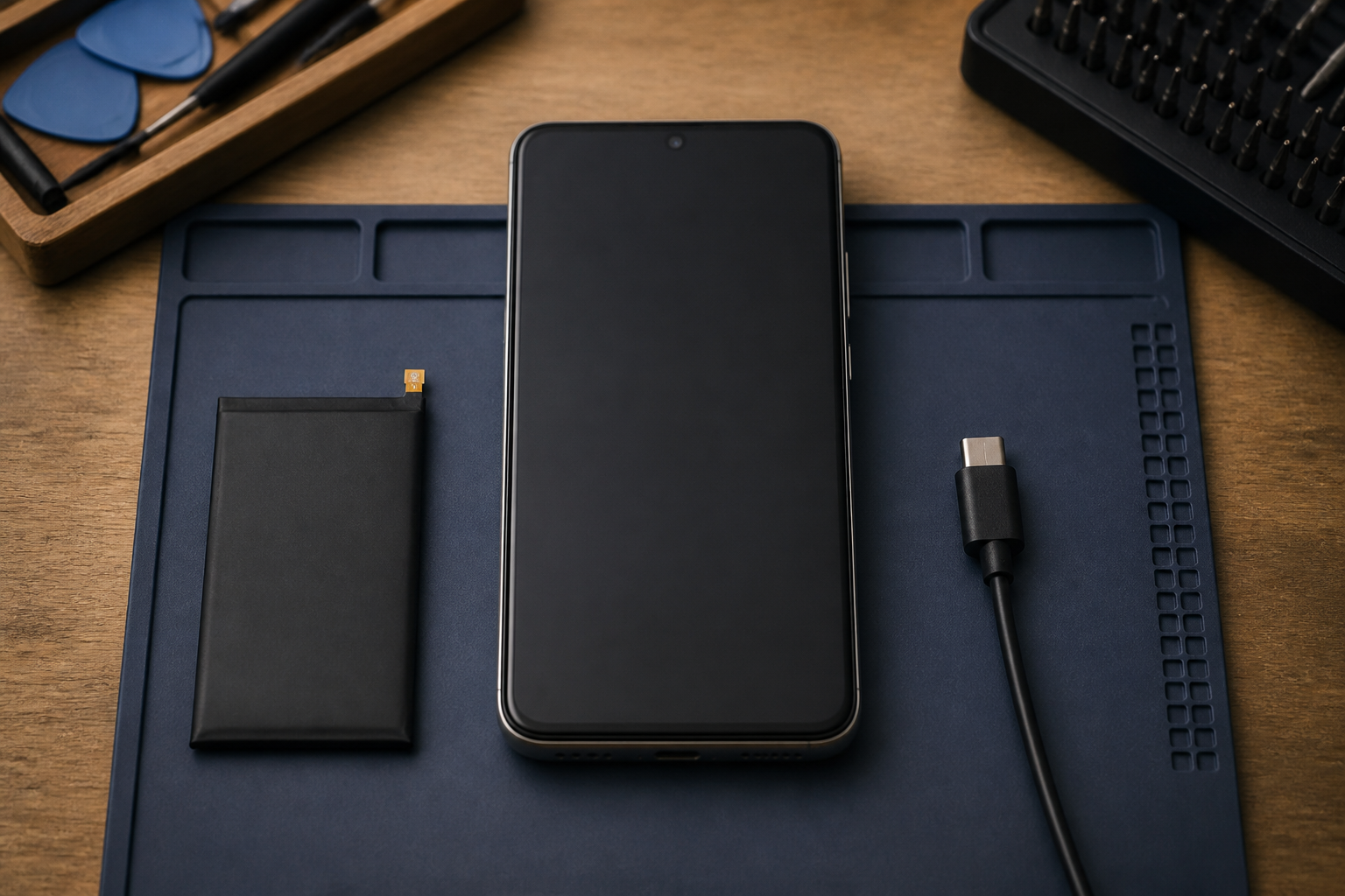 Redmi 15 5G en el centro con cable USB-C ilustrando diagnóstico de batería o conector