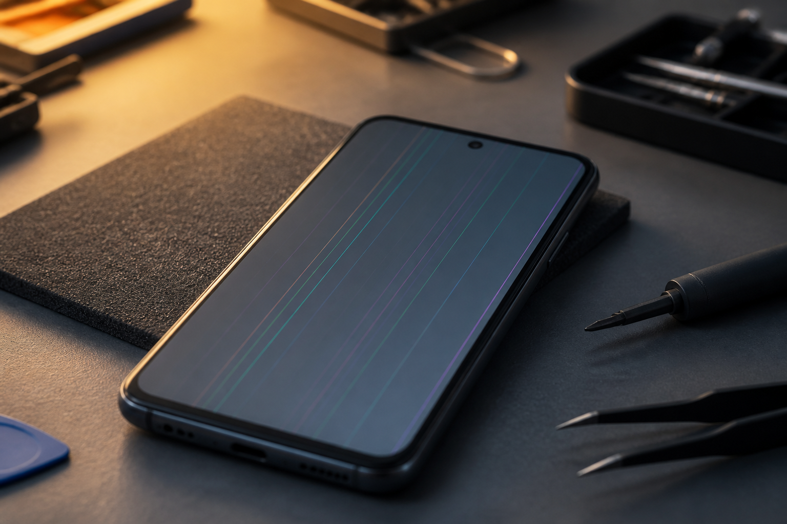 Pantalla de Redmi 15 5G con líneas sobre esterilla de reparación