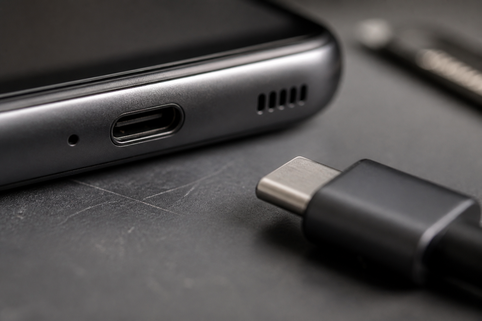 Detalle del puerto USB-C de un Redmi 15 5G con cable de carga