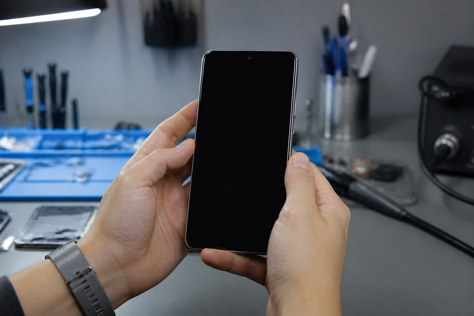 Persona sosteniendo un Redmi 15 5G con la pantalla completamente negra