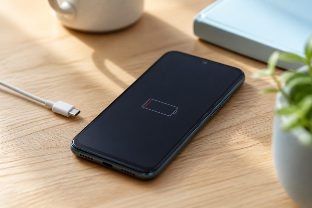 Redmi A5 sobre una mesa con cable USB-C y batería baja