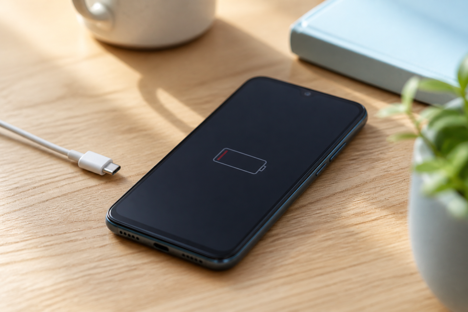 Redmi A5 sobre una mesa con cable USB-C y batería baja