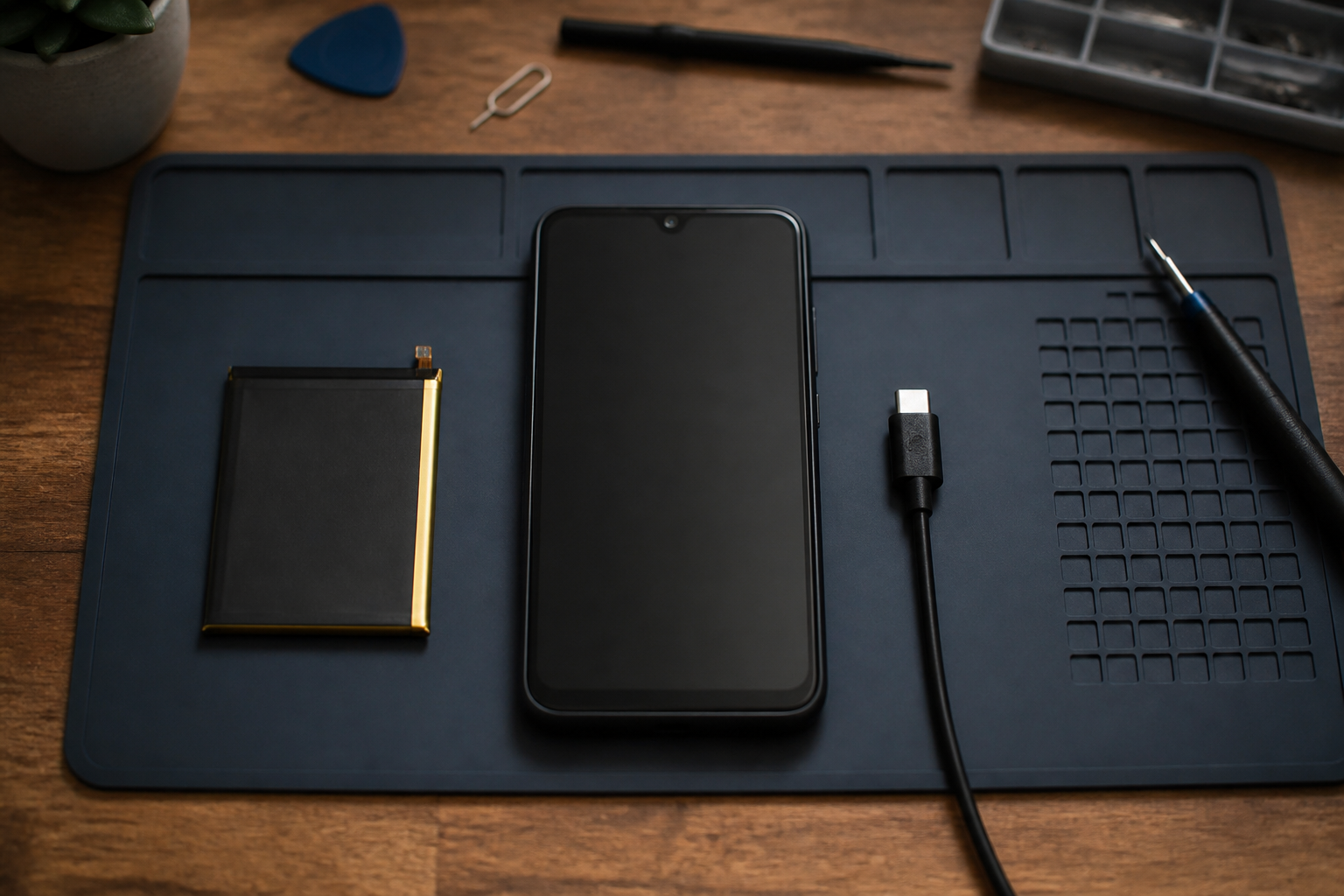Redmi A5 en el centro con cable USB-C ilustrando diagnóstico de batería o conector
