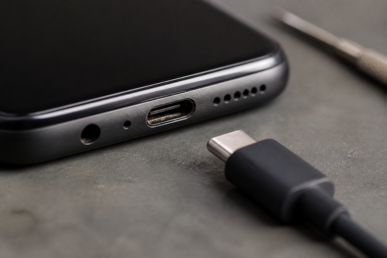 Detalle del puerto USB-C de un Redmi A5 con cable de carga