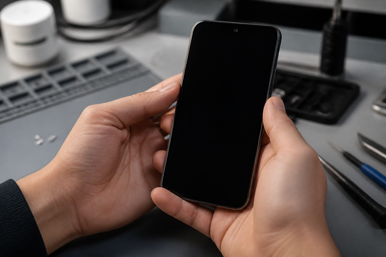 Persona sosteniendo un Redmi A5 con la pantalla completamente negra