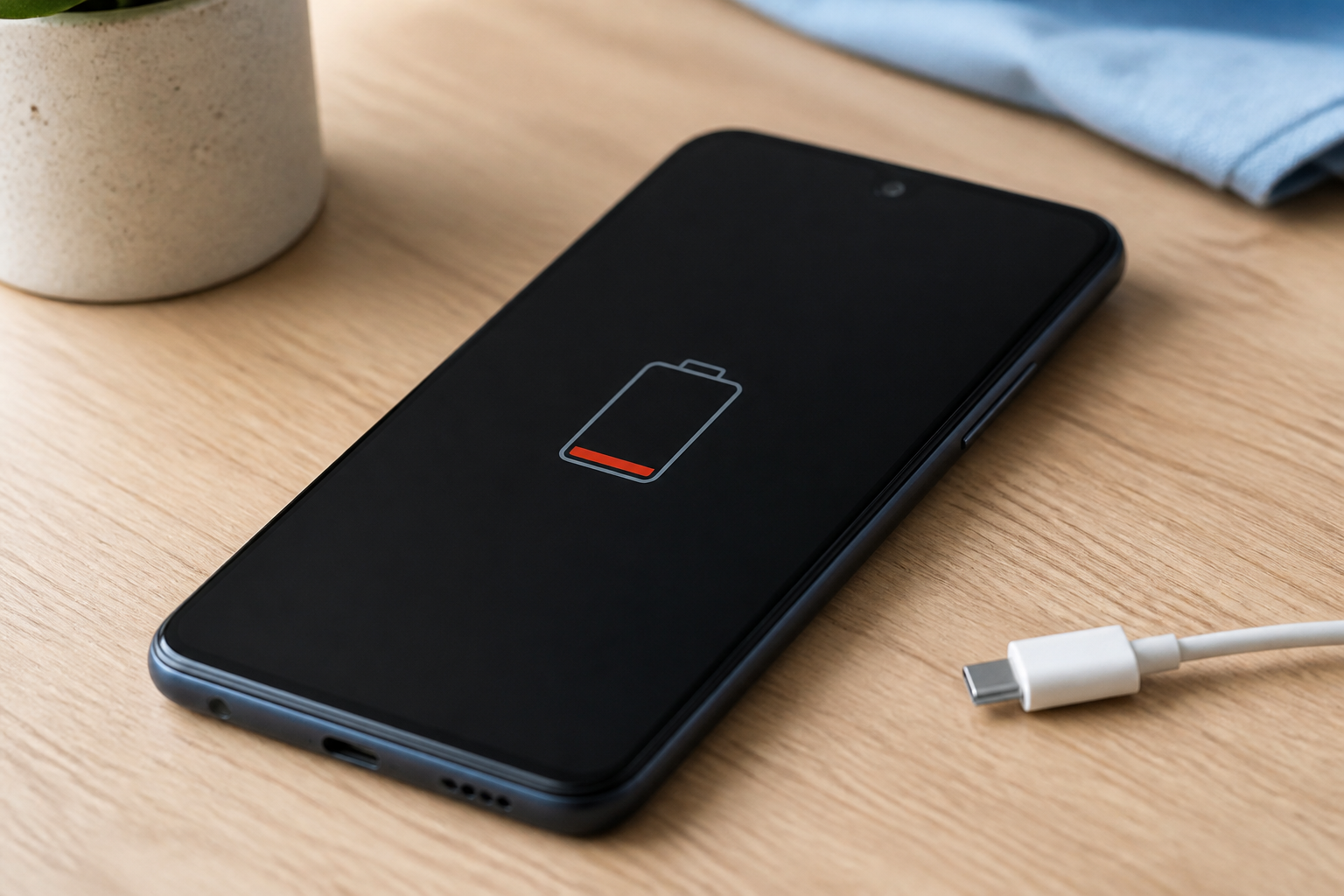 Redmi A7 Pro sobre una mesa con cable USB-C y batería baja