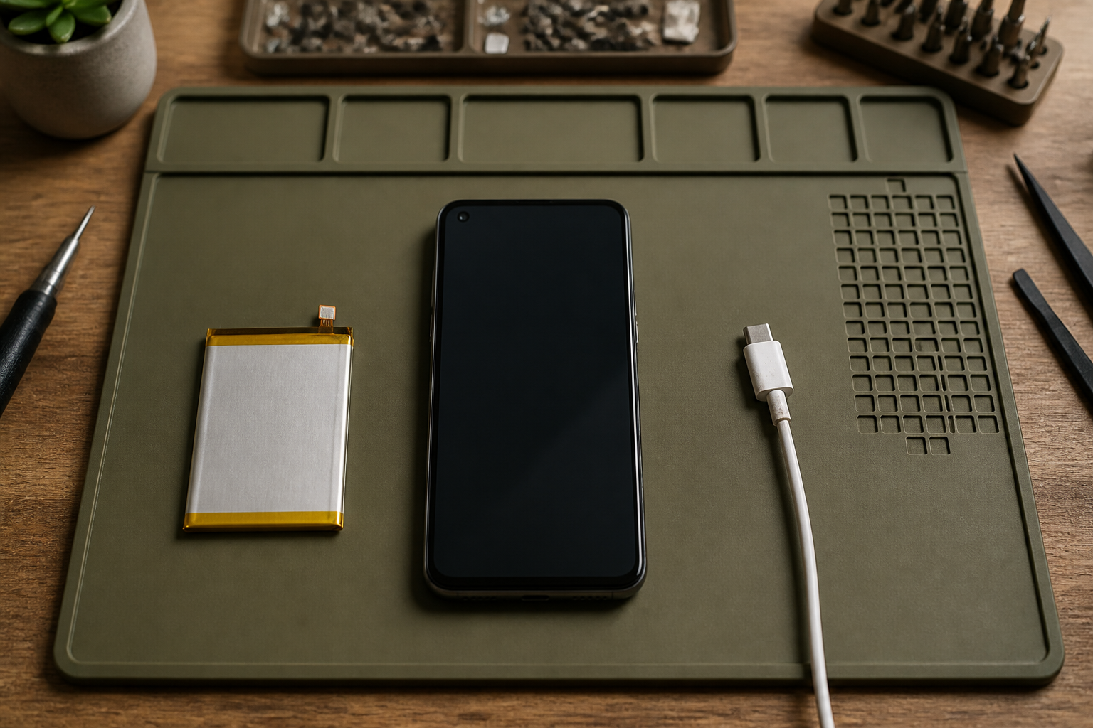 Redmi A7 Pro en el centro con cable USB-C ilustrando diagnóstico de batería o conector
