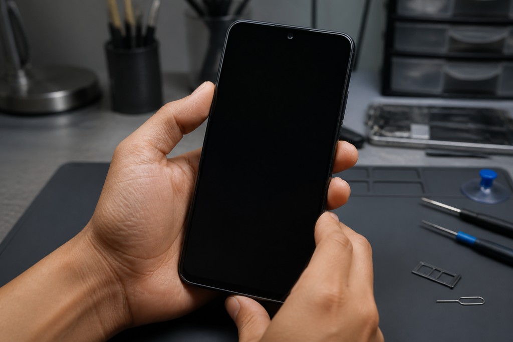 Persona sosteniendo un Redmi A7 Pro con la pantalla completamente negra