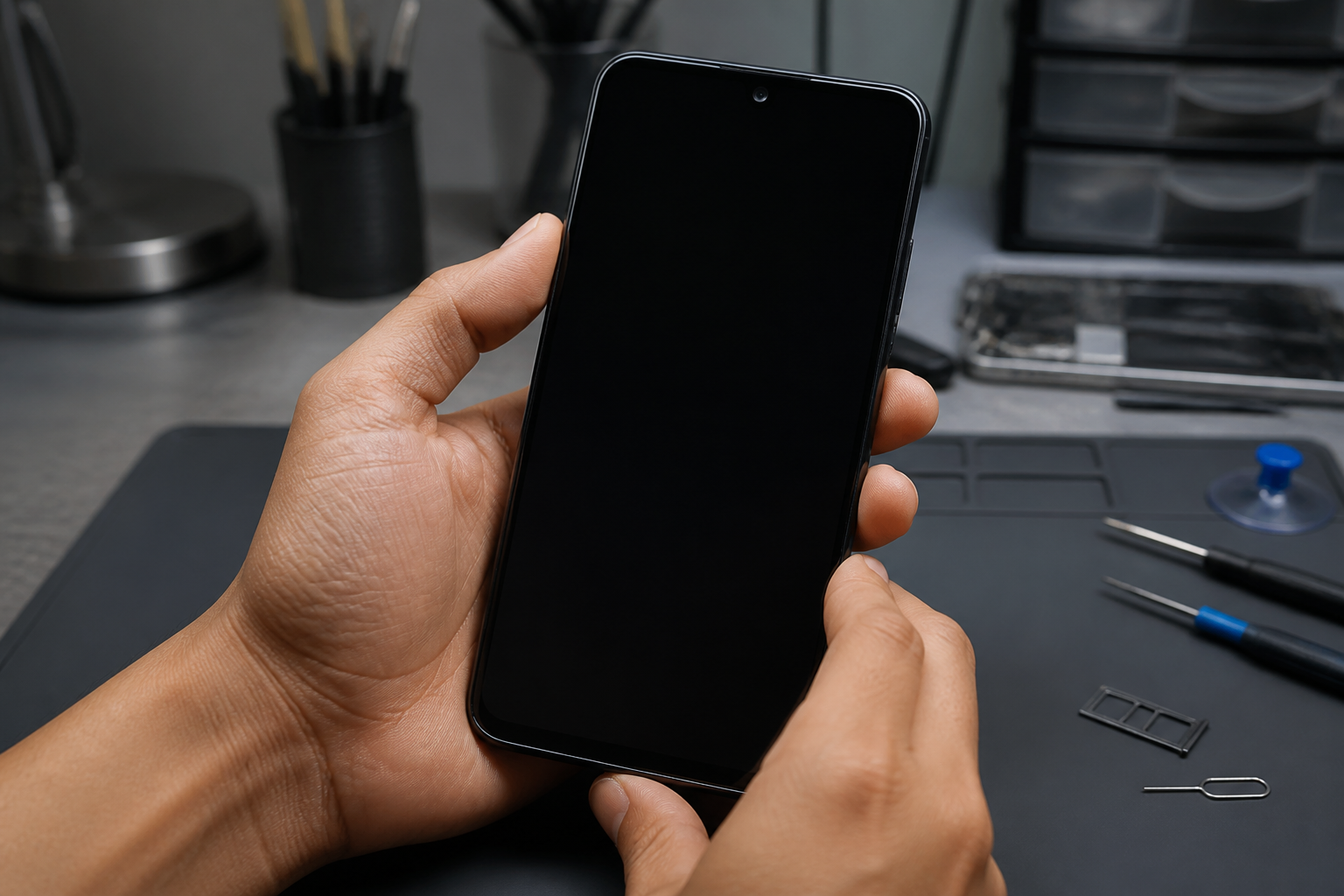 Persona sosteniendo un Redmi A7 Pro con la pantalla completamente negra