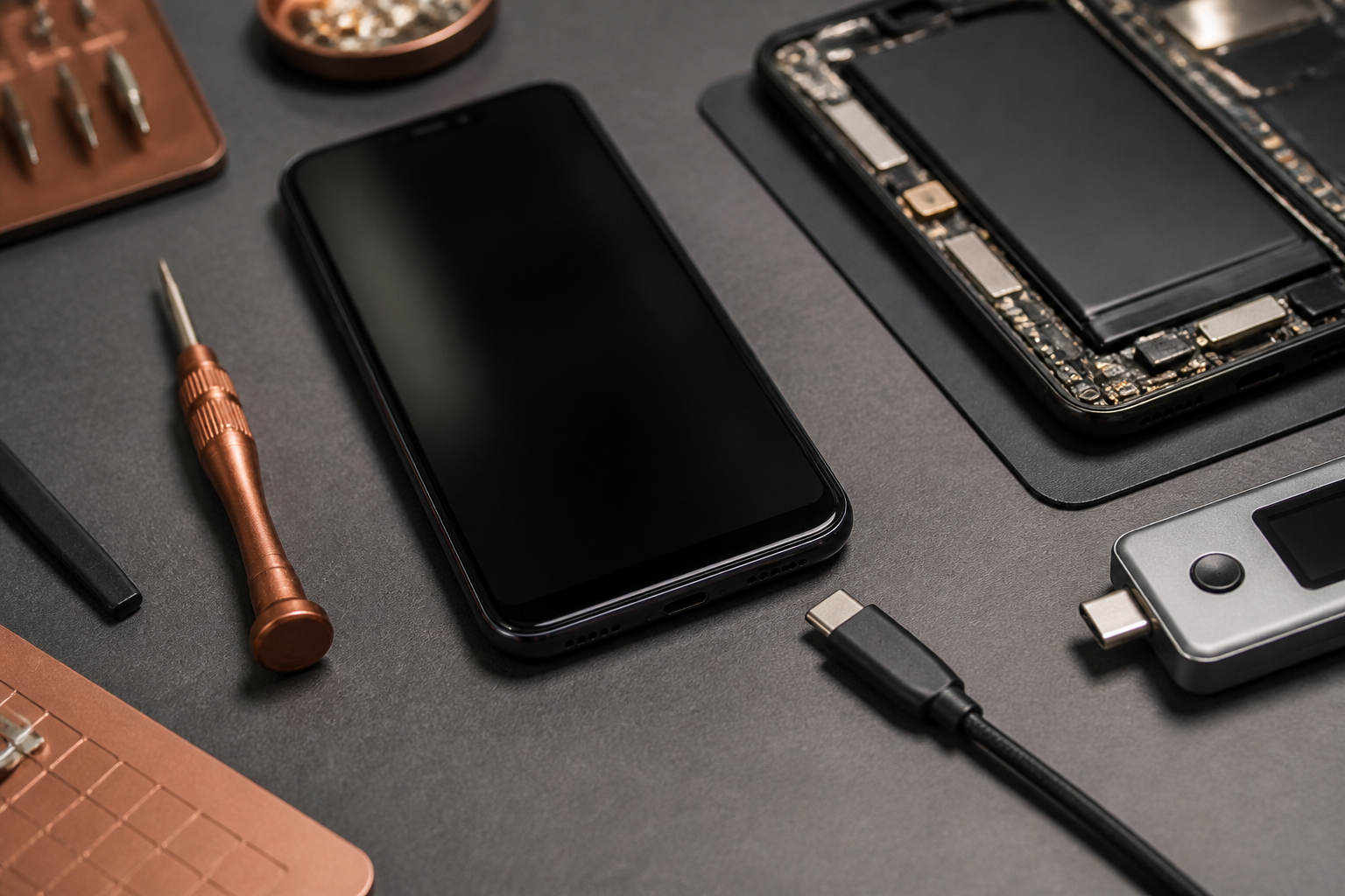 Redmi Note 14 Pro Plus en el centro con cable USB-C ilustrando diagnóstico de batería o conector