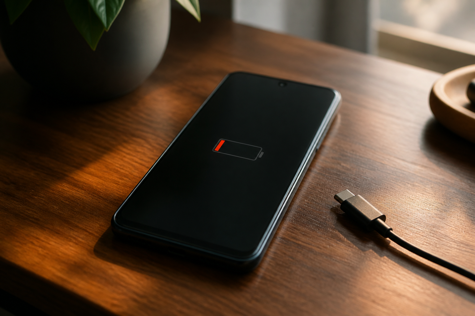Redmi Note 14 Pro Plus sobre una mesa con cable USB-C y batería baja
