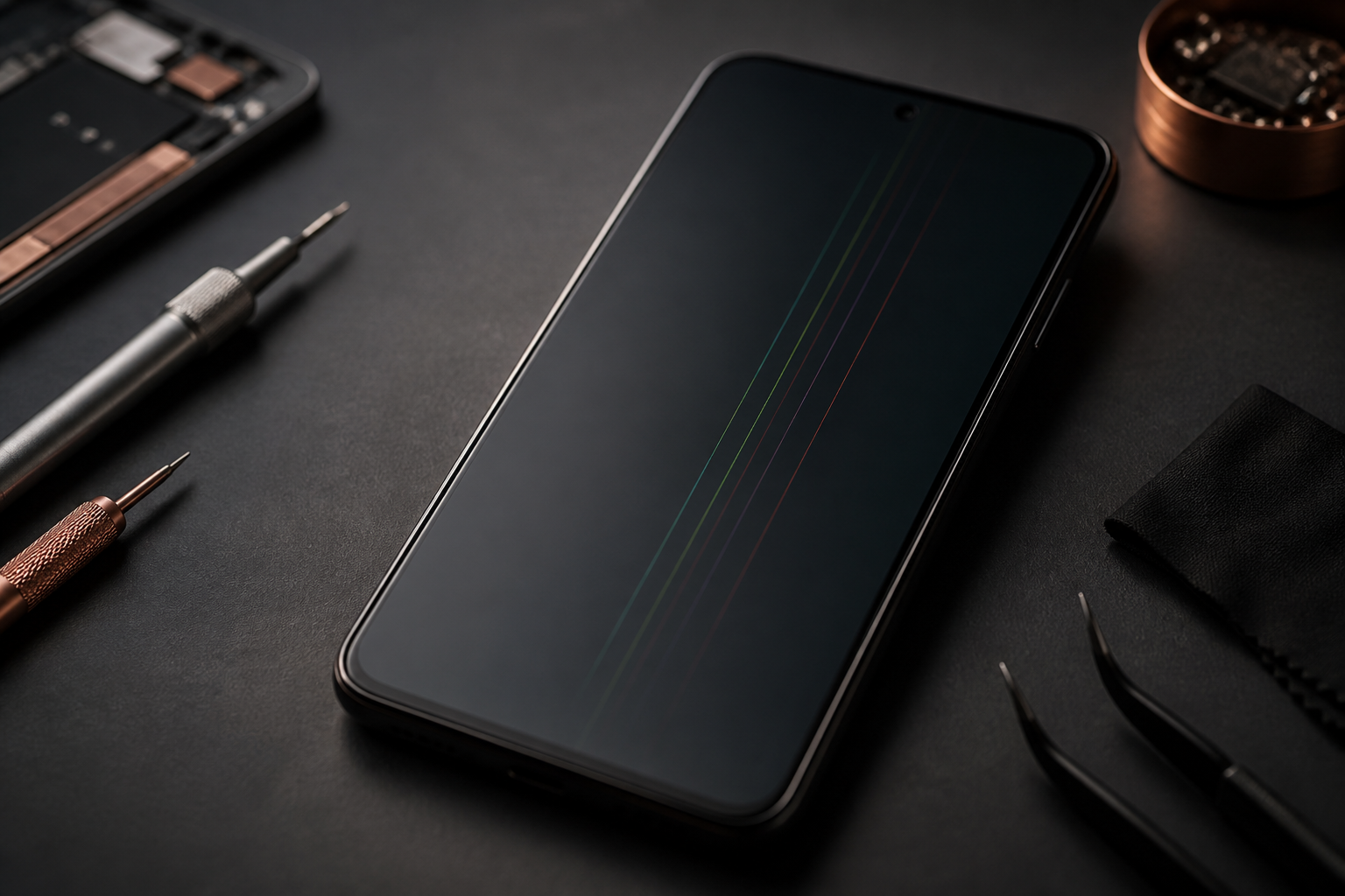 Pantalla de Redmi Note 14 Pro Plus con líneas sobre esterilla de reparación