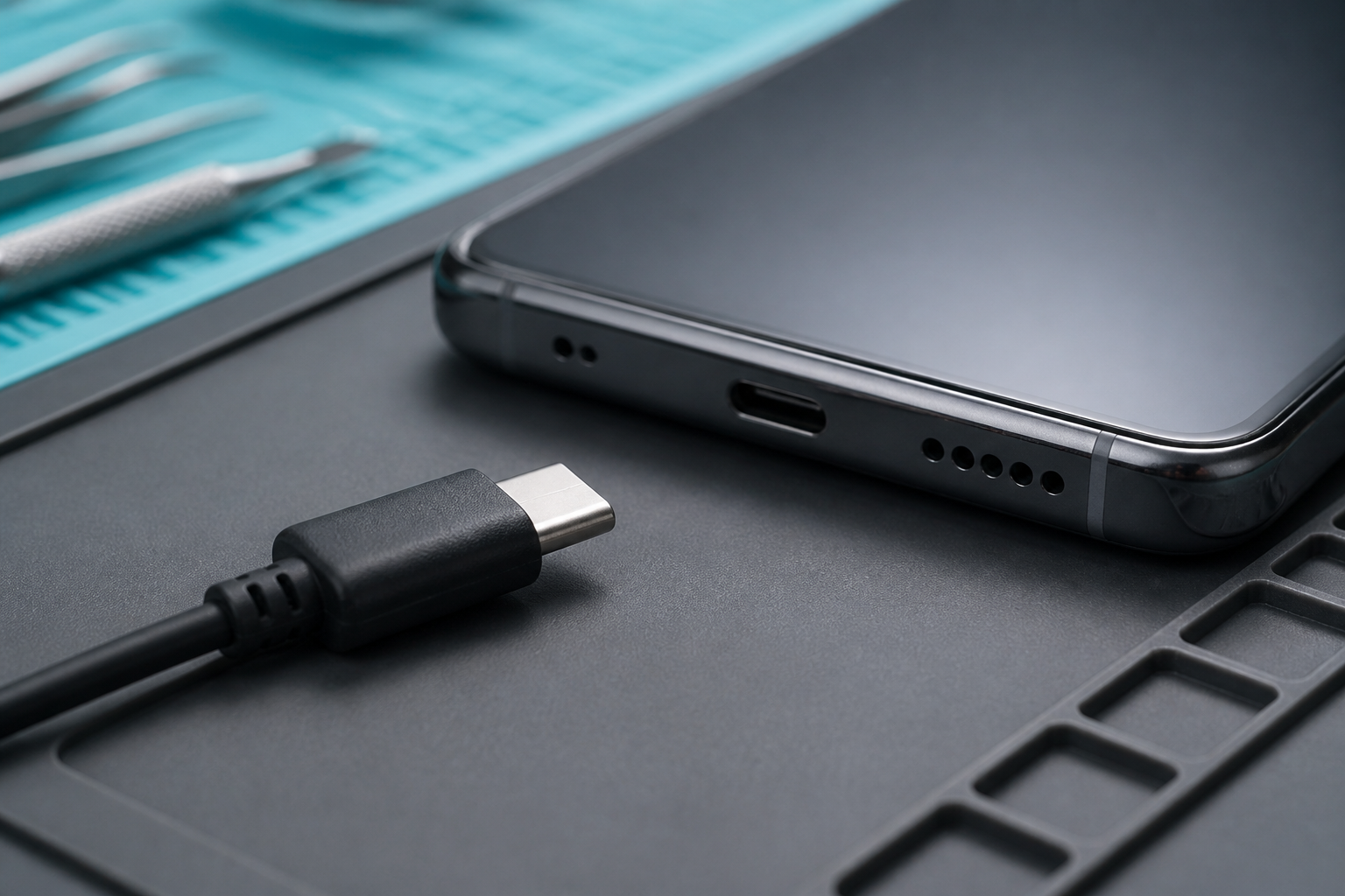 Detalle del puerto USB-C de un Redmi Note 14 Pro Plus con cable de carga