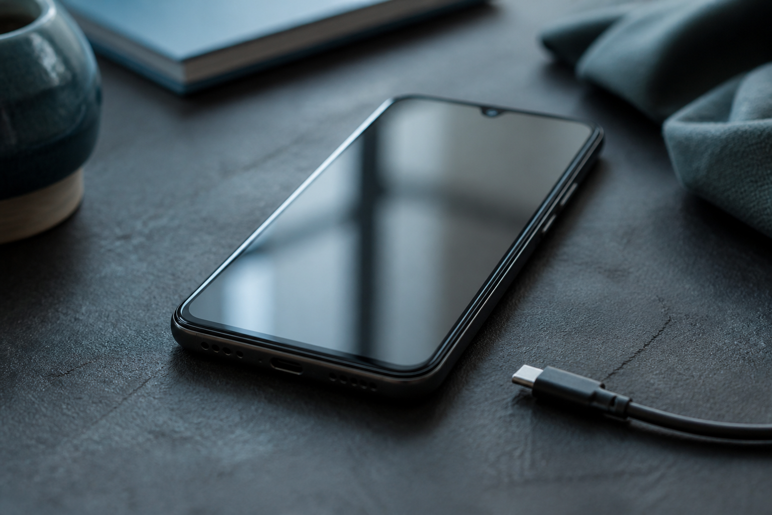 Redmi Note 15 Pro 5G sobre una mesa con cable USB-C y batería baja