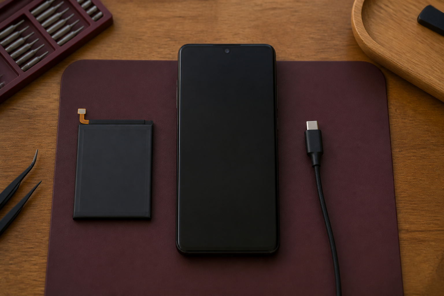 Redmi Note 15 Pro 5G en el centro con cable USB-C ilustrando diagnóstico de batería o conector