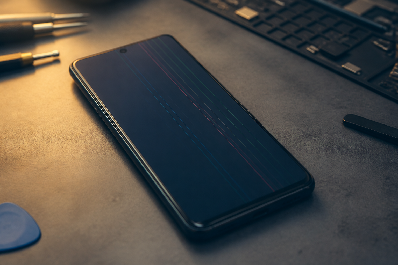 Pantalla de Redmi Note 15 Pro 5G con líneas sobre esterilla de reparación