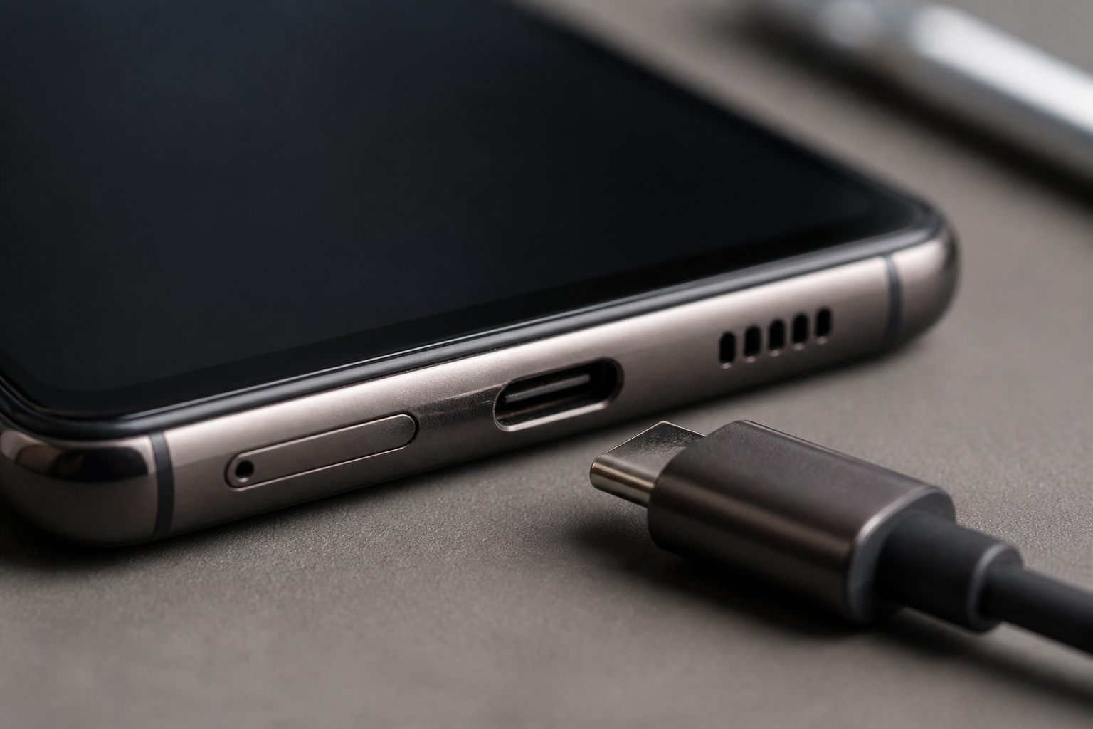Detalle del puerto USB-C de un Redmi Note 15 Pro 5G con cable de carga